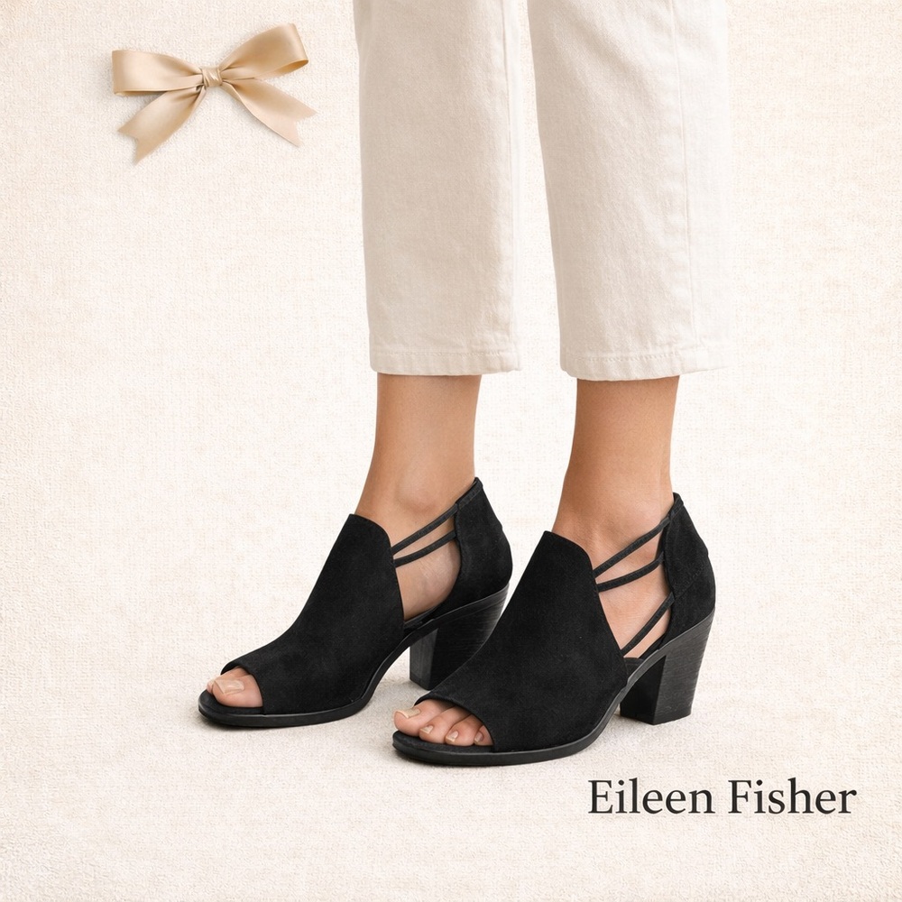 Eileen Fisher Black Suede Alfie Heels Peep Toe 3” Block Size 7 New Box - Picture 1 of 10